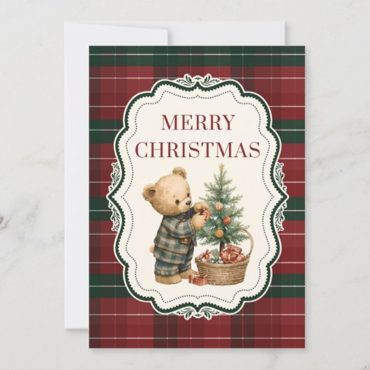 Vintage, tartan kerstkaart met teddybeer (Voorkant)