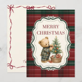 Vintage, tartan kerstkaart met teddybeer (Voorkant / Achterkant)