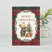 Vintage, tartan kerstkaart met teddybeer (Staand voorkant)