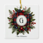 Vintage Tartan Monogram Photo Holiday Keramisch Ornament (Voorkant)