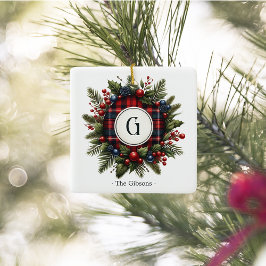 Vintage Tartan Monogram Photo Holiday Keramisch Ornament