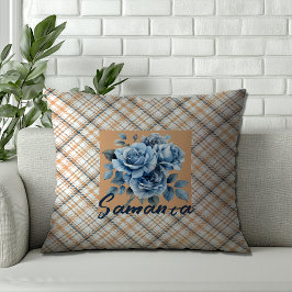Vintage tartan waterverf roos beige blauwe naam kussen