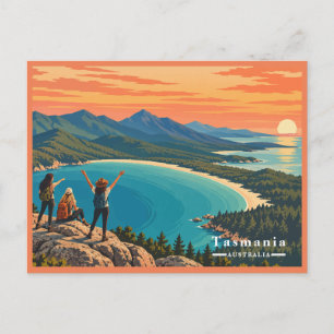 Vintage Tasmanië Meisjes Wandelen Zonsondergang Feestdagenkaart