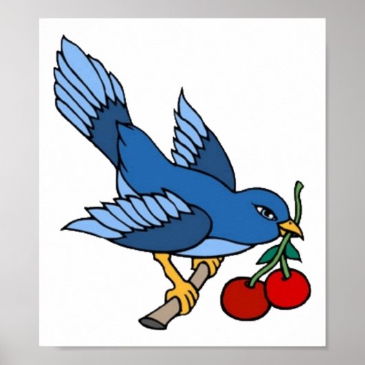 Vintage Tattoo Blauwvogel en Cherries Kunst Poster (Voorkant)