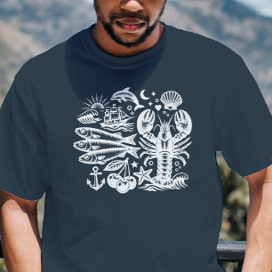 Vintage Tattoo Oceaan Zwart en Wit Nautilisch T-shirt