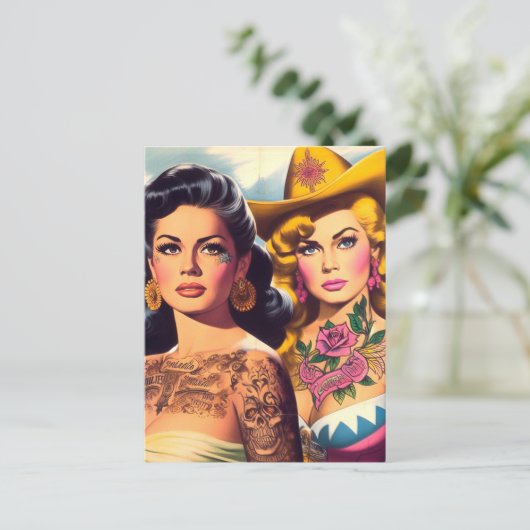 Vintage Tattooed Cowgirls Briefkaart (Staand voorkant)