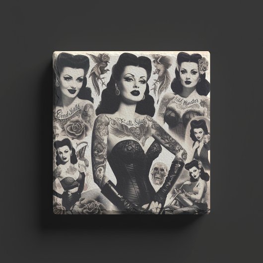 Vintage Tattooed Goth Woman Collage Stenen Onderzetter