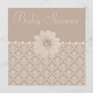 Vintage Taupe Damask, Flowers & Pearls Baby shower Kaart