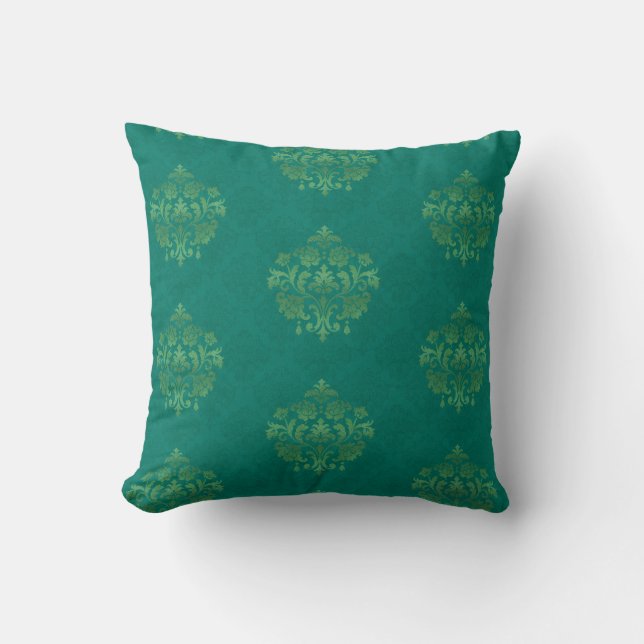 Vintage Teal Damask Gold Medallians Throw Pillow Kussen (Voorkant)
