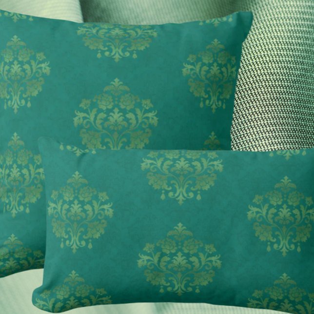 Vintage Teal Damask Gold Medallians Throw Pillow Kussen (Antique teal damask elegance!)