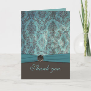 Vintage Teal en Bruine Damask Bedankkaart