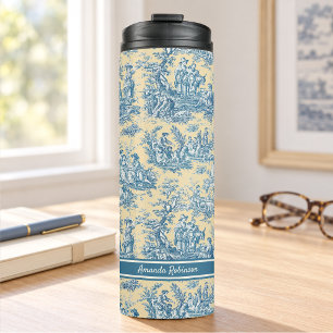 Vintage Teal Gele Franse Toile de Jouy Thermosbeker