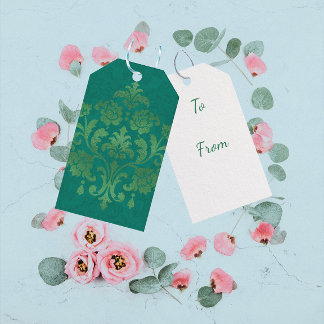 Vintage Teal Groen Goud Damast Alle Gelegenheden Cadeaulabel