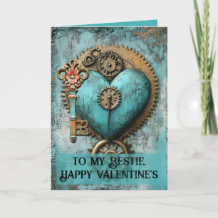 Vintage Teal Hart met Tandwielen Steampunk Kunst Feestdagen Kaart
