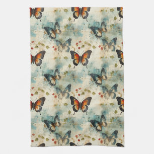 Vintage Teal Oranje Vlinder Botanisch Theedoek