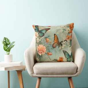 Vintage Teal Vlinder Oranje Bloementuin Kussen