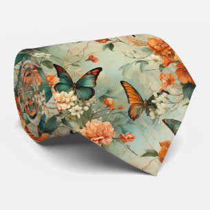 Vintage Teal Vlinder Oranje Bloementuin Stropdas
