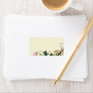 Vintage Teal Vogels Roze Bloeiende Tak Etiket