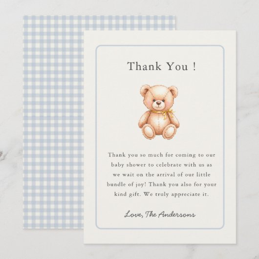 Vintage teddy bear Baby Boy shower Bedankkaart (Voorkant / Achterkant)
