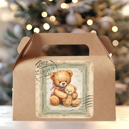 Vintage Teddy Bear Hug Postage Stamp  Vierkante Sticker