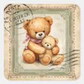 Vintage Teddy Bear Hug Postage Stamp  Vierkante Sticker (Voorkant)