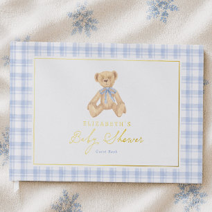 Vintage teddybeer babyverjaardag met blauwe gingha gastenboek
