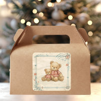 Vintage Teddybeer Duo Rood Geruitte Postzegel 