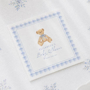 Vintage teddybeer met blauwe gingham babyshower servet