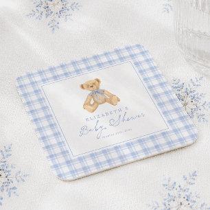 Vintage teddybeer met blauwe ruitjes baby shower kartonnen onderzetters
