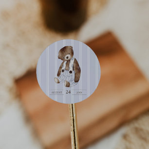 Vintage teddybeer met blauwe streepjes ronde sticker