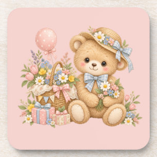 Vintage Teddybeer Viering met Wilde Bloemen Bier Onderzetter