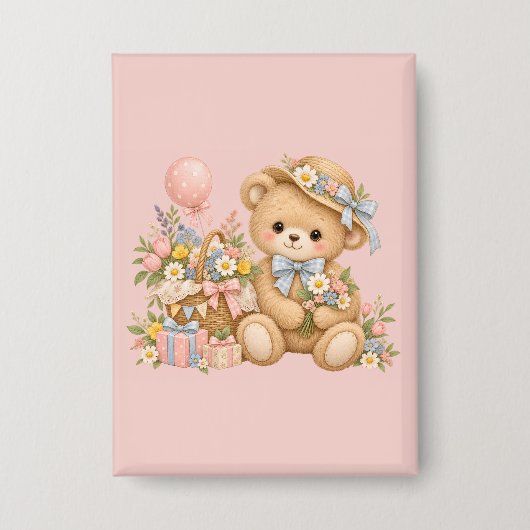 Vintage Teddybeer Viering met Wilde Bloemen Button (Voorkant)