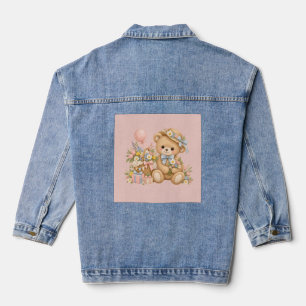 Vintage Teddybeer Viering met Wilde Bloemen Denim Jacket