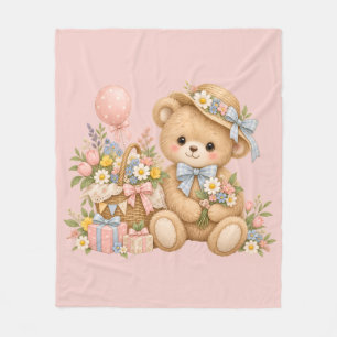 Vintage Teddybeer Viering met Wilde Bloemen Fleece Deken