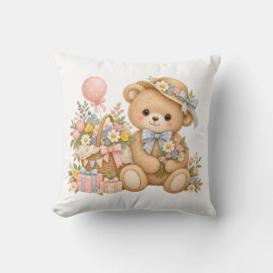 Vintage Teddybeer Viering met Wilde Bloemen Kussen