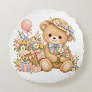 Vintage Teddybeer Viering met Wilde Bloemen Rond Kussen