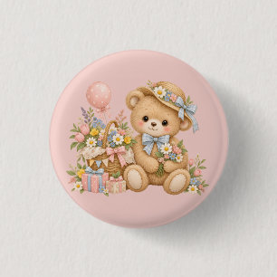 Vintage Teddybeer Viering met Wilde Bloemen Ronde Button 3,2 Cm