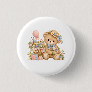Vintage Teddybeer Viering met Wilde Bloemen Ronde Button 3,2 Cm