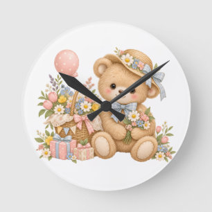 Vintage Teddybeer Viering met Wilde Bloemen Ronde Klok