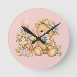 Vintage Teddybeer Viering met Wilde Bloemen Ronde Klok
