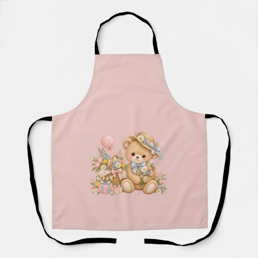 Vintage Teddybeer Viering met Wilde Bloemen Schort (Voorkant)