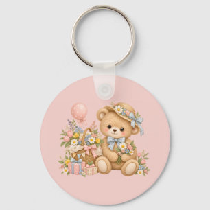 Vintage Teddybeer Viering met Wilde Bloemen Sleutelhanger