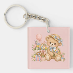 Vintage Teddybeer Viering met Wilde Bloemen Sleutelhanger