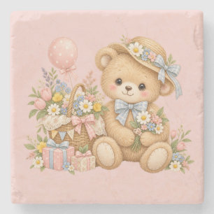 Vintage Teddybeer Viering met Wilde Bloemen Stenen Onderzetter