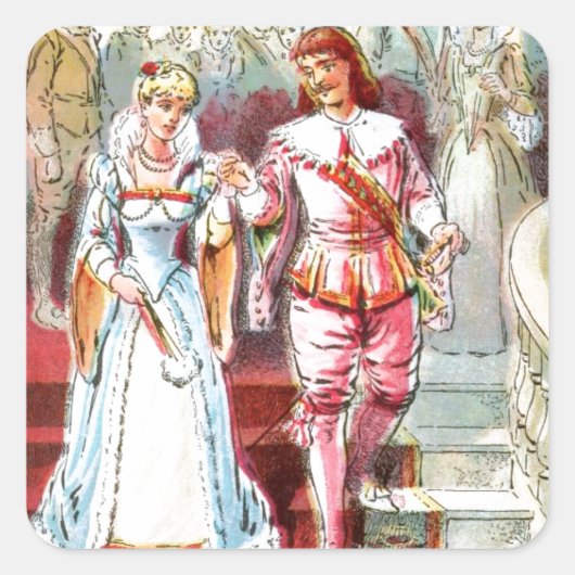 Vintage Tekening: Cinderella en de Prins Vierkante Sticker (Voorkant)