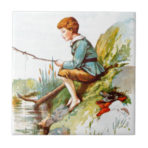 Vintage Tekening: Jongen die in een Rivier vissen Tegeltje