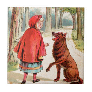 Vintage Tekening: Rode Berijdende Kap en de Wolf Tegeltje