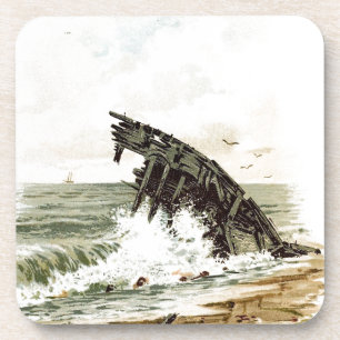 Vintage Tekening: Schipbreuk op het Strand Onderzetter