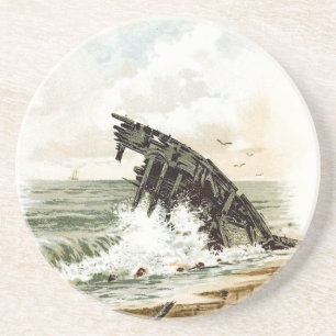 Vintage Tekening: Schipbreuk op het Strand Zandsteen Onderzetter
