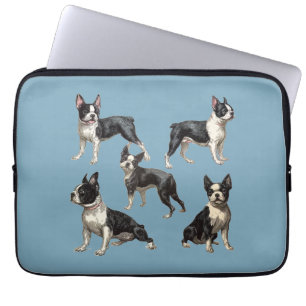 Vintage tekeningen van Boston Terriers op turkoois Laptop Sleeve